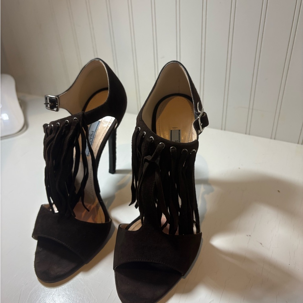 Prada Dark Brown Suede Fringe Heels